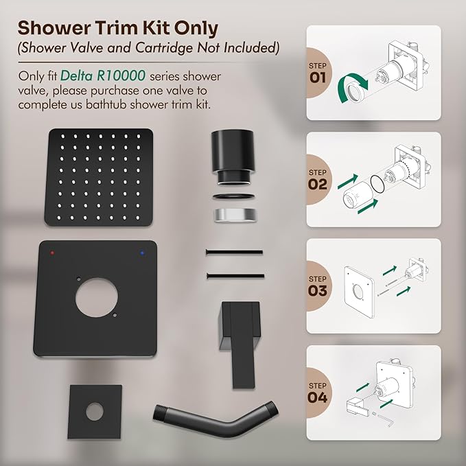 Replacement for Delta Faucet Shower Trim Kit 14 Series, Bathroom Shower Faucet Set with 6-Inch Matte Black Shower Head（Valve/Cartridge Not Included）