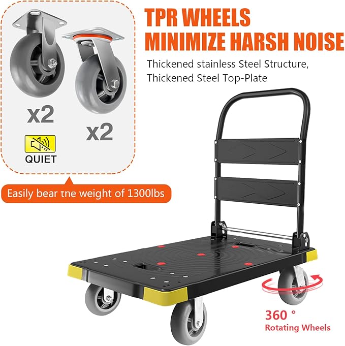Folding Push Cart Dolly - 1300LBS Heavy Duty Portable Moving Dolly with 360 Swivel 6'' Wheels (35L x24W x40H in)