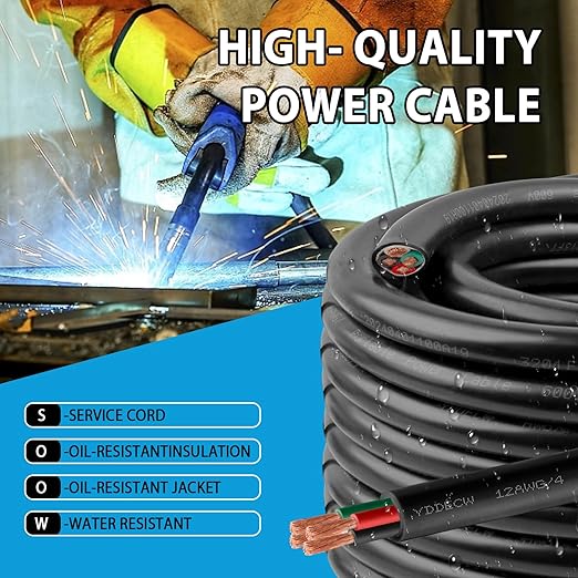 100ft 12/4 12 AWG Portable Power Cable (4 Conductor) - SOOW 600V 12 Gauge Electric Wire for Motor Leads, Portable Lights, Battery Chargers and Machinery - 4 Conductor - 100 Feet Electrical Cord