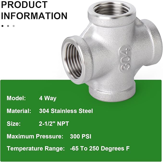 TAISHER 1PCS Stainless Steel 4 Way Pipe Fittings, 2-1/2" x 2-1/2" x 2-1/2" x 2-1/2" NPT Female Pipe Fittings