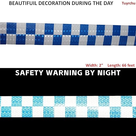 Reflective Tape Blue and White 2 inch Wide for Cars, Outdoor Waterproof High Visibility Safety Warning Adhesive Strips (66 feet)