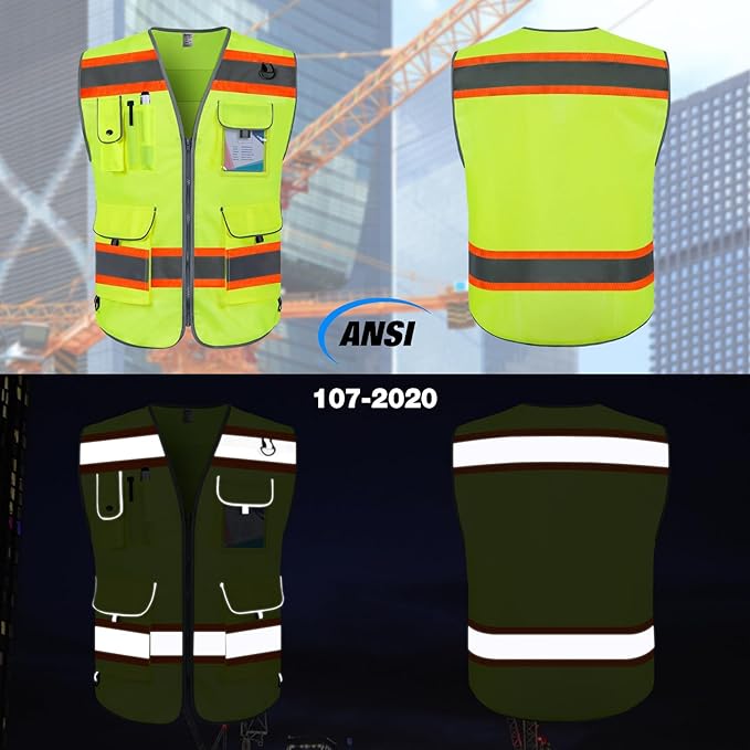 TCCFCCT Hi Vis Vest 9 Pockets High Visibility Reflective Safety Vest for Men Women, Construction Work Vest with Fluorescent Orange Extend Edge, Durable to Use, Meets ANSI/ISEA, (DB-Yellow, Medium)