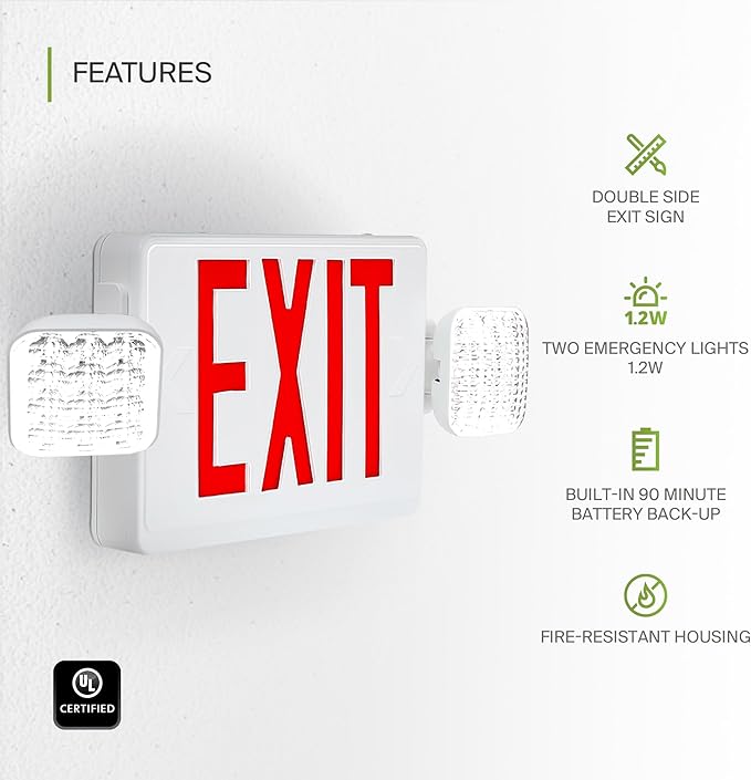 ASD LED Exit Sign with Battery Backup & Square Rotatable Heads - 120-277V UL 2.2W Double Face Emergency Exit Light for Business, Commercial Damp Location Power Outage Lights, Red