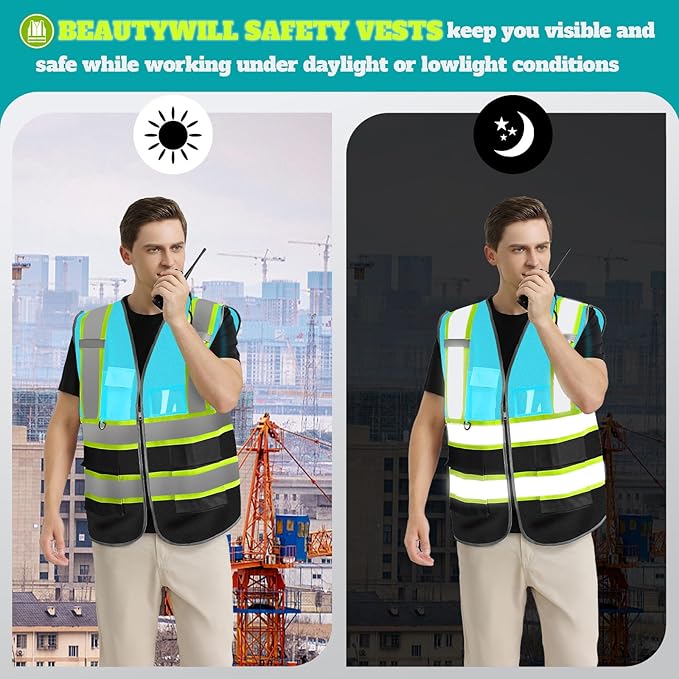 BeautyWill 10 Pack Custom Logo Safety Vest ANSI Class 2 High Visibility Reflective Vest Personalized Construction Vest Bulk
