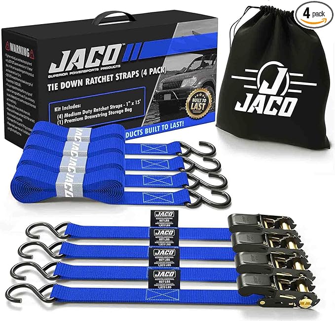 JACO Ratchet Tie Down Straps - 1 inch x 15 ft (Pack of 4) | 1,823 lbs (Blue)
