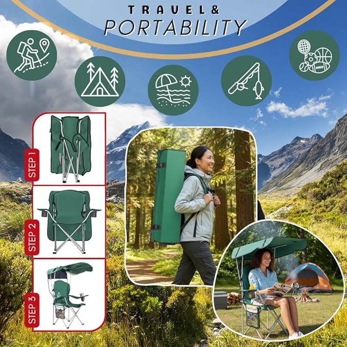 Portable Folding Camping Chairs with Canopy Shade, Beach Chair for Adults, Durable Weather Resistant 600D Oxford Cloth, Camping Chair with Canopy for Outdoors [Green-2 Pack]