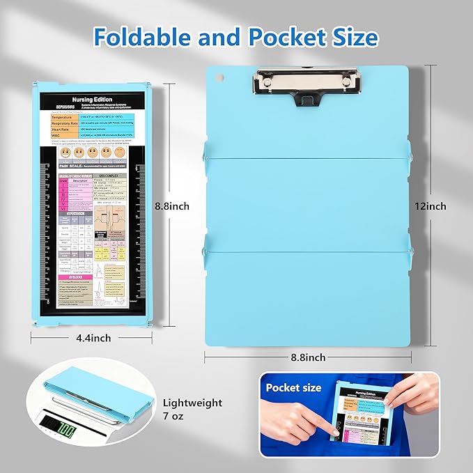 Nursing Foldable Medical Clipboard, Edition Cheat Sheets Lithium 3 Layers Foldable Clipboards Nursing Pocket Size Profile Clip Nurse Clipboards Notepad for Nurses Students and Doctors, Light Blue