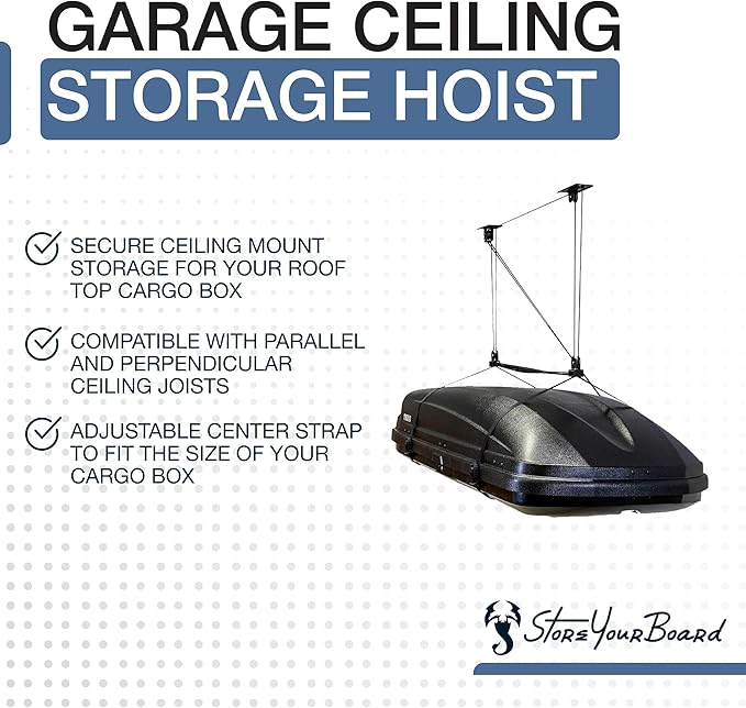 StoreYourBoard Cargo Box Pulley System – Heavy-Duty Garage Hoist Lift for Rooftop Carriers – Garage Storage & Garage Organization Ceiling Hoist with Pulley – Holds 150 lbs - Fits 10-14 ft Ceilings