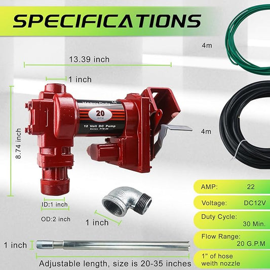 12V Fuel Transfer Pump w/Manual Nozzle, 20 GPM High Flow DC Diesel Transfer Pump, Gas Heavy Duty Transfer Pump with Filter for Gasoline, Diesel, Kerosene, Biodiesel and More