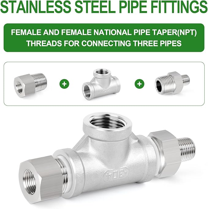 TAISHER 5PCS Stainless Steel Tee Pipe Fittings, 3/4" x 3/4" x 3/4" NPT Female Pipe Fittings