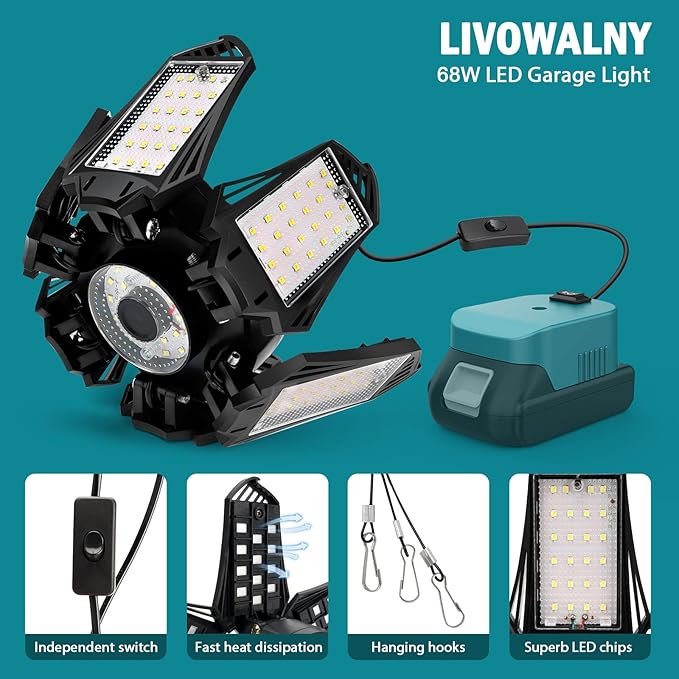 LIVOWALNY LED Work Light Compatible with Makita 18V Battery, 68W 6800LM LED Garage Flood Lights with 6+1 Deformable Panels, Battery Powered Pendant Ceiling Light for Shed Workshop Garage Home