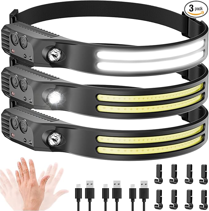 3PCS LED Headlamp Rechargeable - 230° COB Super Bright Head Lights for Forehead, Hard hat Light for Adults, USB C Headband Flashlight for Work, Hiking, Running, Camping Essentials Gear