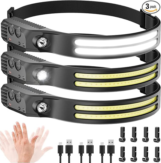 3PCS LED Headlamp Rechargeable - 230° COB Super Bright Head Lights for Forehead, Hard hat Light for Adults, USB C Headband Flashlight for Work, Hiking, Running, Camping Essentials Gear