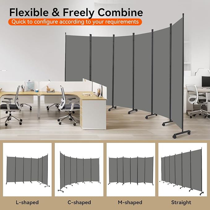 Room Divider 132''W Wall Divider for Room Partition (Heavy Duty Base) 6 Panel Partition Room Dividers, Freestanding Room Divider Screen Separation W/Wheel Folding Privacy Screen Panel Space Separator