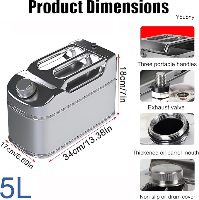 1.32 Gallon Metal Water Storage Containers Can, 304 Stainless Steel Camping Water Container Portable Water Storage Can, Emergency Water Storage Jug for Outdoor Home Car