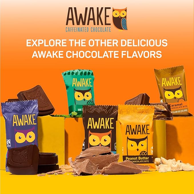 AWAKE - Caffeinated Chocolate Bites - Peanut Butter Milk Chocolate, 50 Bites - 50mg Caffeine - Wrapped Energy Bites - Coffee Alternative - Fairtrade, Gluten Free, Non GMO - 0.48oz