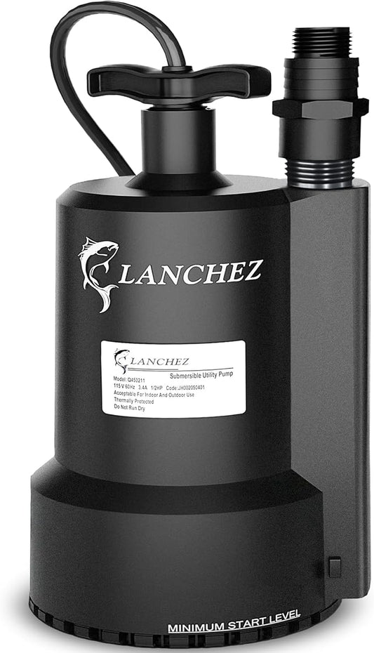 Lanchez Sump Pump, 1/2 HP 2450GPH Submersible Water Pump, Thermoplastic Portable Electric Transfer Pump Utility Pump for Hot Tub Swimming Pool Basement Garden Pond Tubs Draining with 10FT Cord