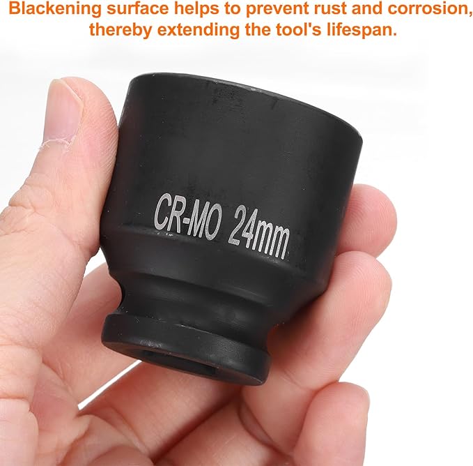 HARFINGTON 4 Point Square Socket 1/2" Drive 24mm Metric Square Impact Socket CR-MO Blackening Standard Wheel Sockets Pneumatic Socket Tool for Auto Repair Mechanical Maintenance Home Use
