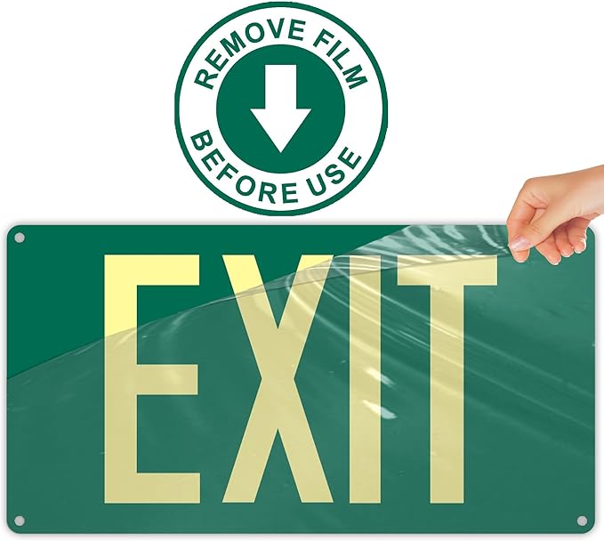 2Pack Photoluminescent Exit Sign Green, 14.25"x 7.5" Aluminum Glow In The Dark Exit Signs with Strong Adhesive Backing and 4pcs Removable Directional Arrows Glow In The Dark,Easy to install.