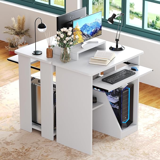 ALISENED 30" Small Computer Desk with Keyboard Tray Monitor Stand, Study Writing Desk with Storage Shelves, Modern Workstation for Small Spaces, Save Space, White