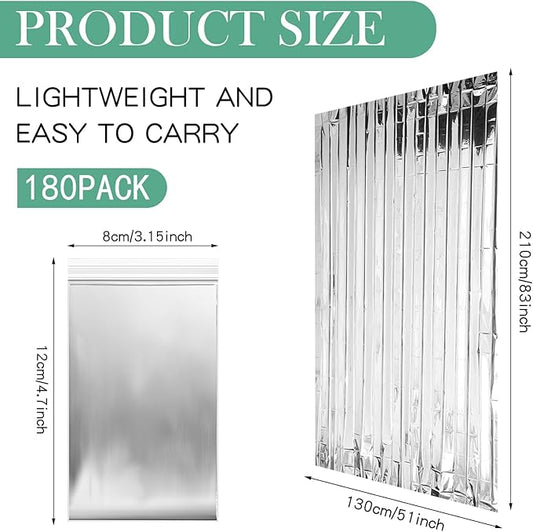 Macarrie 180 Pack Emergency Foil Thermal Blankets Silver Foil Survival Space Blanket Kit for Outdoors, Camping, Hiking, Homeless, Survival or First Aid, Silver