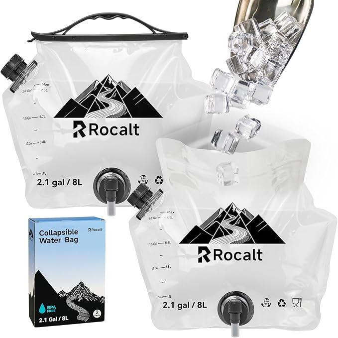Rocalt 2 Pack Collapsible Water Container, 2.1Gallon BPA Free Water Storage Carrier Jug with Spigot, Foldable Camping Portable Water Bag with Wide Filler Opening for Hiking, Survival & Emergency