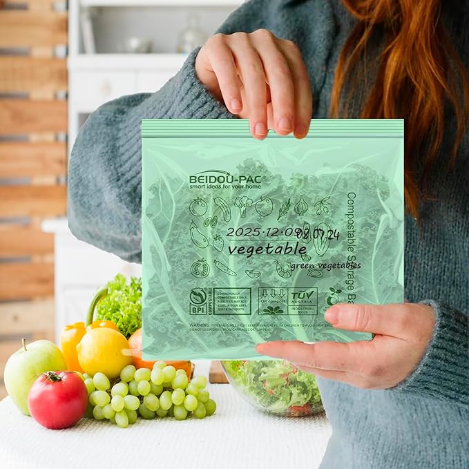 Compostable Quart Food Storage Freezer Bags, 60 Count | 2 Mil | 8 IN x 7 IN, Freshness Easy Open Biodegradable Eco-Friendly Reclosable Compost Zipper Bags