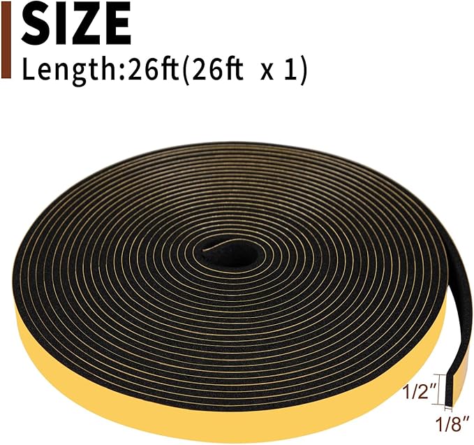 Yotache Foam Weather Stripping Seal Tape 1/2" W X 1/8" T for Doors and Windows Gasket Insulation Soundproofing, 26 Ft Length