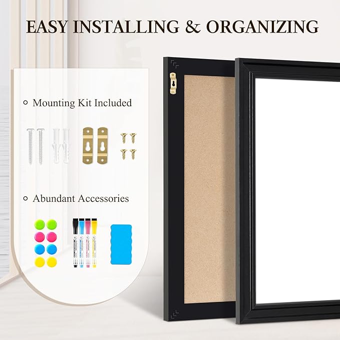 4 THOUGHT Dry Erase Board, 24 x 36 in Magnetic Whiteboard Black Vintage Wood Frame Wall-Mounted White Board Decorative Notice Board for School, Office, Home, Kitchen with 8 Magnets 4 Markers 1 Eraser