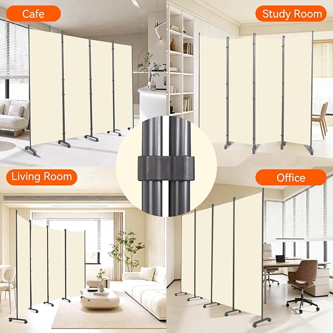 Room Divider 88''W Wall Divider for Room Partition (Heavy Duty Base) 4 Panel Partition Room Dividers, Freestanding Room Divider Screen Separation W/Wheels Folding Privacy Screen Panel Space Separator