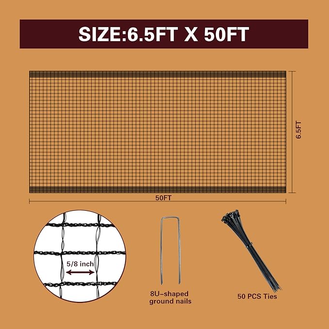 Deer Fence Netting,Plastic Mesh Fence 6.5x50ft,Reinforced Edges 55gsm Heavy Duty Animal Barrier,Ideal for Garden Netting,Against Bird,Temporary Fence,Fruit Plant Protection,Black