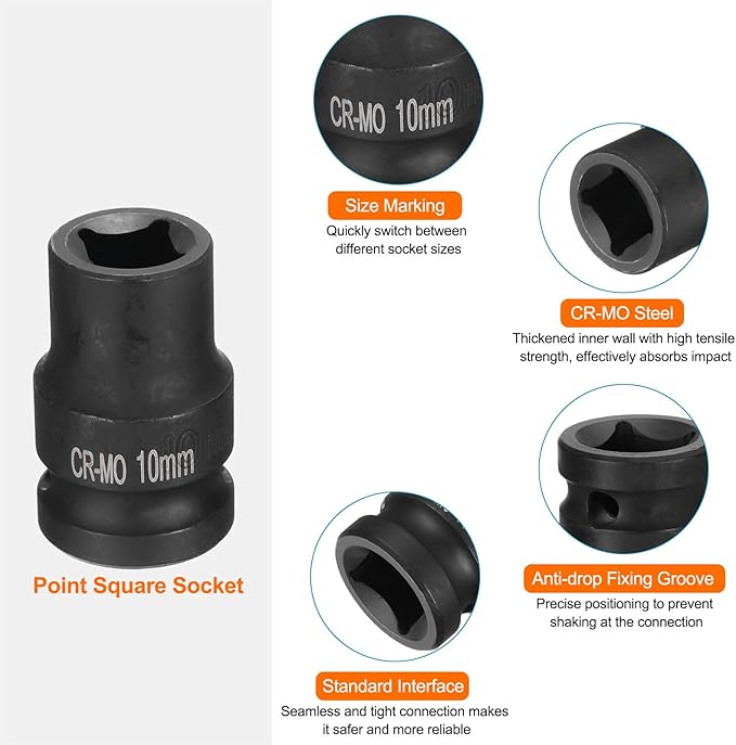 HARFINGTON 4 Point Square Socket 1/2" Drive 10mm Metric Square Impact Socket CR-MO Blackening Standard Wheel Sockets Pneumatic Socket Tool for Auto Repair Mechanical Maintenance Home Use