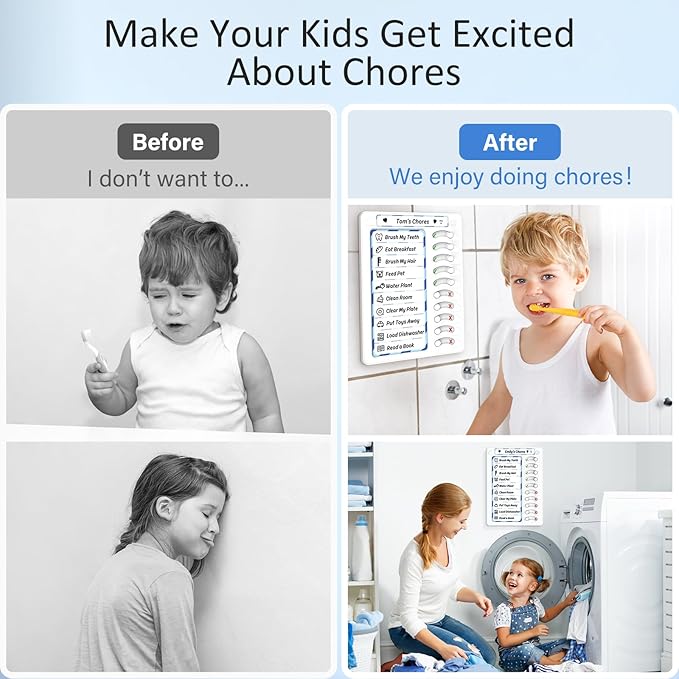 Chore Chart for Kids Dry Erase Chore Board ADHD Tools for Kids to Do List Checklist Task Board Routine Chart Planning Board for Fridge with 10 Sliders and Magnetic Marker, White and Blue, 1 Pack