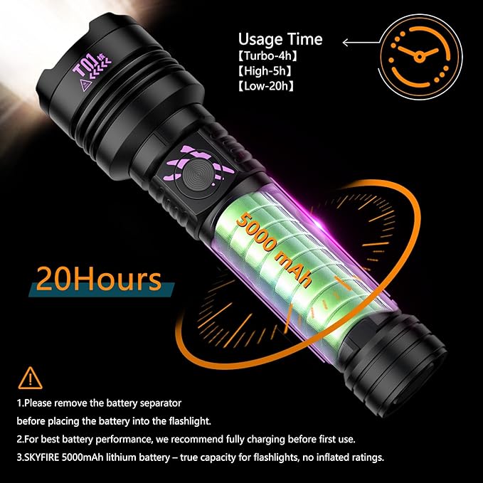 SKYFIRE Rechargeable Flashlights High Lumens: LED Super Bright Flashlight Zoomable 5 Modes Tactical Waterproof Handheld Powerful Flash Light for Camping, Emergency, Holiday Gift (with Ignition Lens)