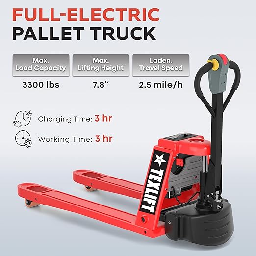 Full Electric Forklift Walkie Pallet Stacker 3300 Lb Capacity 98 Inch Lifting Height and Full Electric Power Pallet Jack 3300 Lb Capacity 48” L x 27” W Fork Size