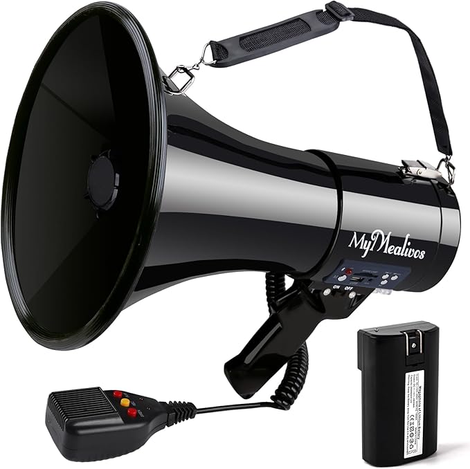 MyMealivos 50W Bluetooth Megaphone with Rechargeable Battery-Professional Bullhorn with Siren&240s Recording Supports USB/SD/3.5mm Aux-1600ft Range for Sports Police Emergency Outdoor Activities