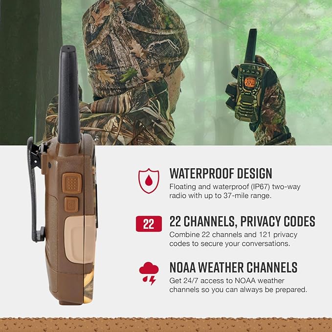 Cobra ACXT1035R FLT CAMO Waterproof Walkie Talkies - Rechargeable, Floats, 22 Channels, Long Range 37-Mile Two-Way Radio Set (2-Pack)