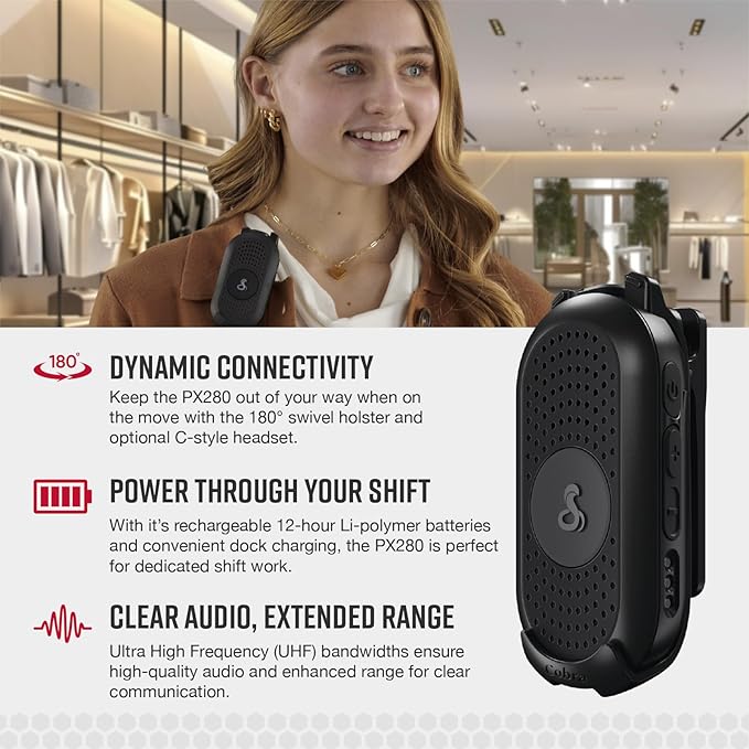 Cobra PX280 Compact Portable FRS Two-Way Radios - IP54 Certified Durability, Dock Charging, 12-Hour Battery Life, Compact Wearable Form Factor Professional Walkie Talkies for Business (6-Pack)