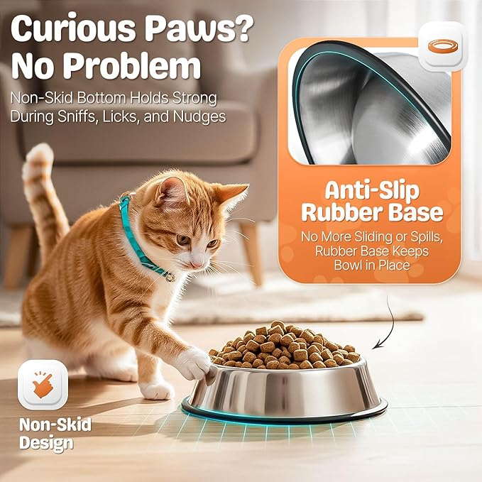 Flexzion Stainless Steel Dog Bowl (2.2 Cup/18oz) - Non Spill Water and Food Stainless Steel Pet Bowls Dish Feeder with Anti-Slip Rubber Base for Medium Sized Dog, Cat, Rabbit, and More