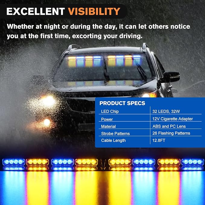 Nilight 32LED Amber Blue Emergency Dash Strobe Lights with Controller Suction Cups Warning Hazard Interior Front/Rear Windshield Deck Split Light Bar for Trucks Construction Vehicles