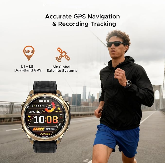 DOOGEE Anywise W1 Smart Watch 5ATM Waterproof Dual-Band GPS Fitness Tracker, 1.43'' AMOLED Screen Men Watches for Android and iPhone, 170+ Sports Modes, Bluetooth Call/18 Days Battery/2 Straps