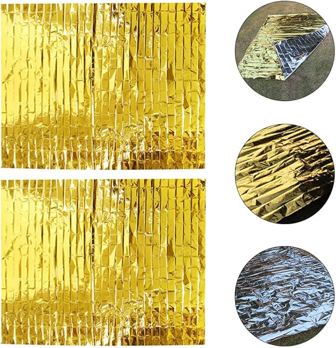 2Pcs Heavy Duty Emergency Thermal Survival Blankets Portable Insulated Reflective Tarps for Outdoor Camping Hiking and Cold Weather Protection