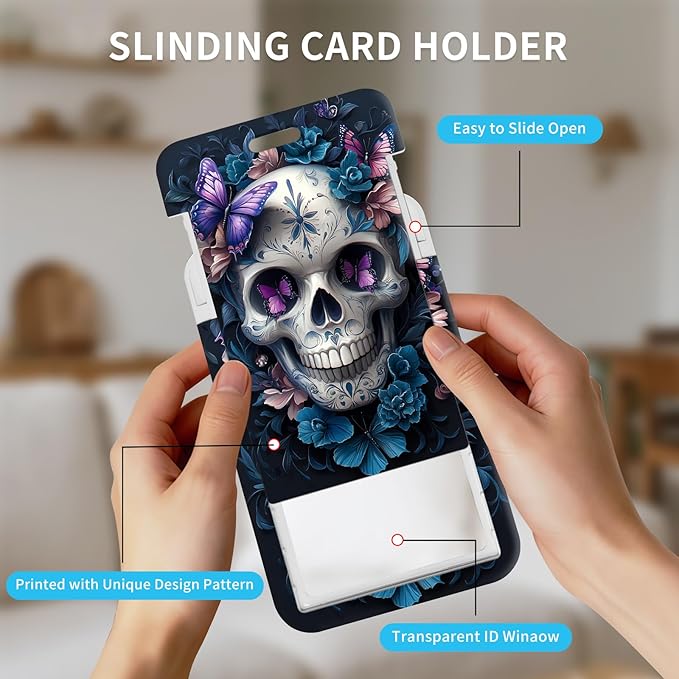 ID Badge Holder with Retractable Lanyard for Women & Men,Vertical ID Card Holder Wallet,Clear Window&Card Slot,Detachable Neck Strap for Nurse Teacher Office,Butterfly Sugar Skull