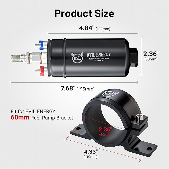 EVIL ENERGY External Inline Fuel Pump Electric 300LPH High Flow 12V with 60 mm Bracket Clamp Black