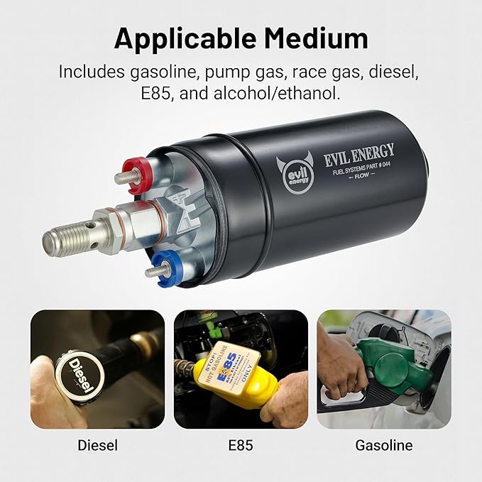EVIL ENERGY External Inline Fuel Pump Electric 300LPH High Flow 12V with 60 mm Bracket Clamp Black