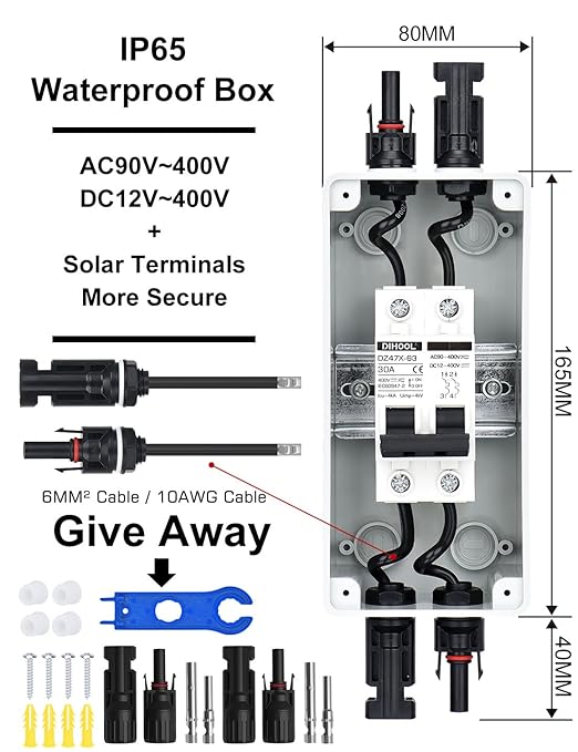 DIHOOL 30 Amp Solar Disconnect Switch, Miniature Circuit Breaker with din Rail Enclosure Outdoor Box for Solar Panels