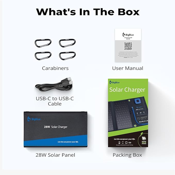 BigBlue Portable Solar Charger 28W with Digital Ammeter,25.4% High-Efficiency, USB-A/USB-C Ports, Folding Waterproof Solar Panels with Carabiners for Camping, Backpacking, Phones, Tablets, Power Bank