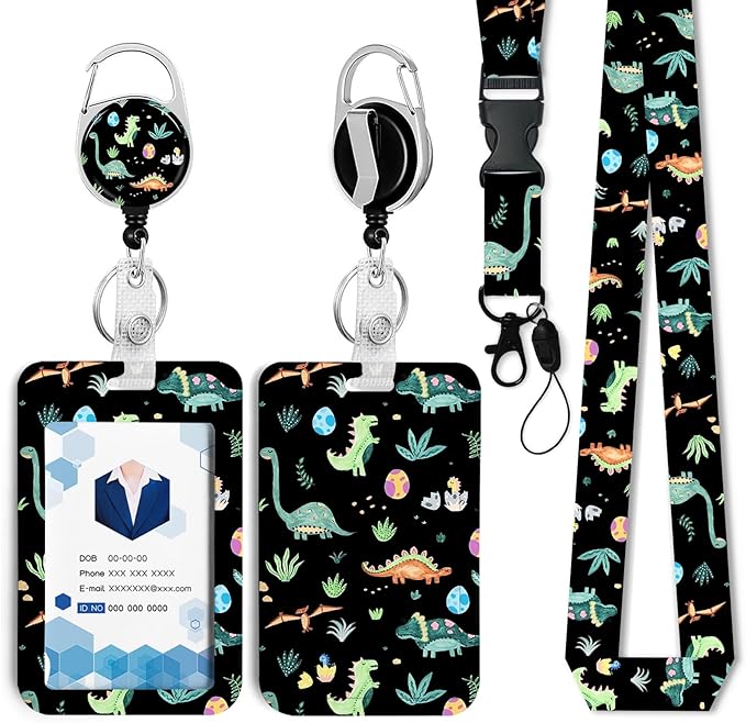 Cute Dinosaur Badge Holder with Retractable Reel and Breakaway Lanyard，Badge Clips Retractable Heavy Duty Badge Reel，Keychain，ID Holder with Breakaway Lanyard for School Nurse Office Teen