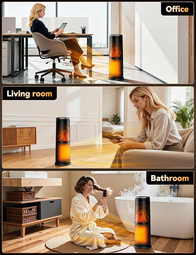 Manastin Space Heaters for Indoor Use, 120° Oscillation Electric Heater with Remote, Adjustable Thermostat, Flame Effect, 24H Timer, Safety Protection, Portable Heater for Large Room, Office