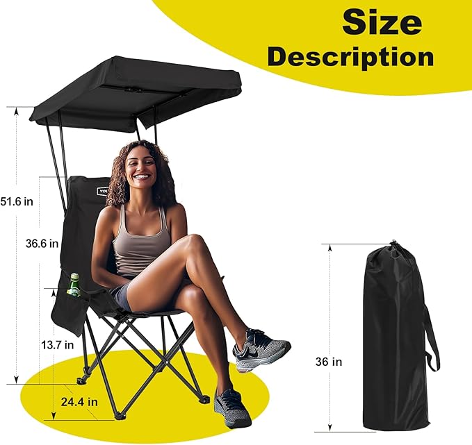 YOUNG WOOD Camping Chair with Shade Canopy, Beach Chair, Portable Fold Lightweight Oversized for All, Easy to Open and Close Without Installation, Side Pocket Design for All Outdoor Activities